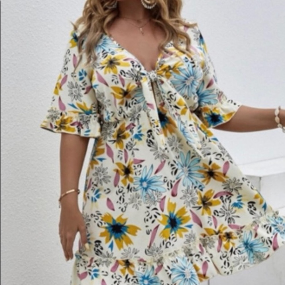 Shrink Curve Sexy Floral, Tie Front, Ruffles Around Sleeves and Hem, Mini Dress - Picture 6 of 15